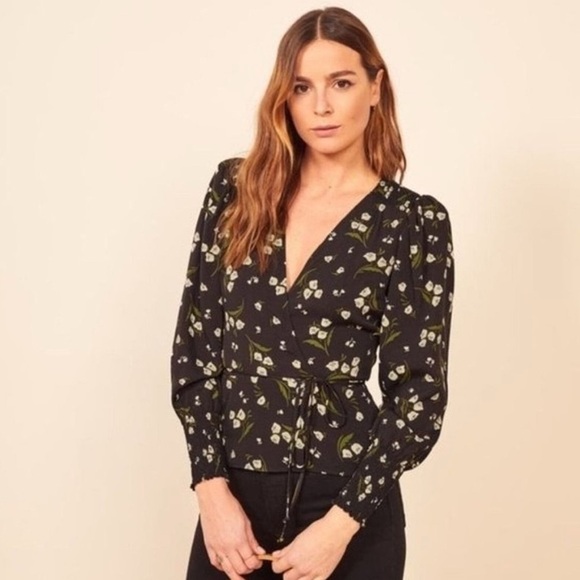 Reformation Lily of the Valley Wrap Blouse S Black Puff Sleeve Cottagecore - Picture 4 of 6